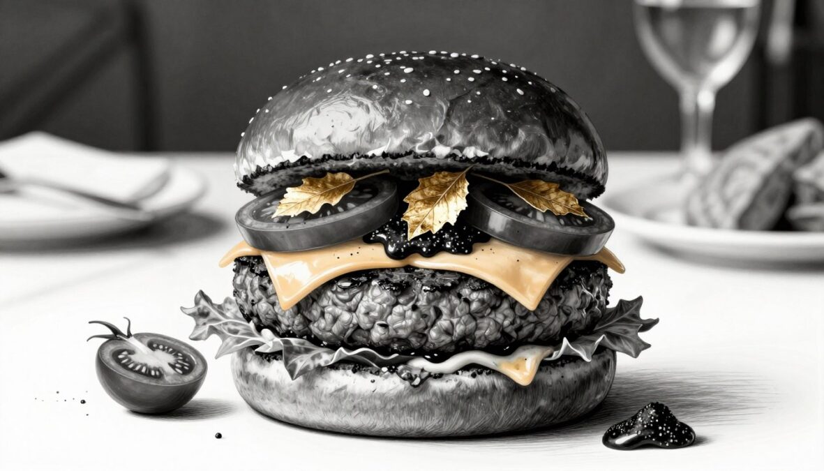 A beautifully arranged black and white illustration of the "Golden Boy" burger, showcasing its luxurious ingredients. In the foreground, the burger features a perfectly shaped Wagyu beef patty, delicately topped with golden leaves and rich truffle aioli, nestled within a glossy black bun. The middle layer includes artisanal toppings like heirloom tomatoes and aged cheddar, all rendered with fine pencil detail. In the background, softly blurred, there are elegant dining accessories, hinting at a high-end restaurant ambiance. The lighting highlights the shiny elements of the burger, creating a contrast that enhances its opulence. Accentuate the image with gentle splashes of color for the tomatoes and truffle sauce, adding vibrancy without overwhelming the overall monochrome scheme. Aim for a sophisticated and indulgent mood that reflects the luxury of the world's most expensive burger.