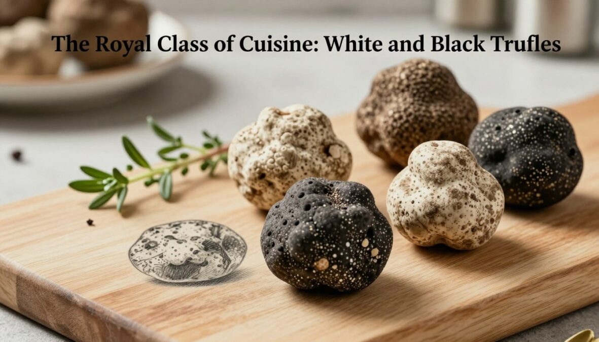 A beautifully arranged composition of white and black truffles, showcasing their unique textures and intricate surfaces. In the foreground, the truffles are prominently displayed on a wooden cutting board, with fine details captured in black and white pencil drawing, highlighting their natural imperfections. Subtle colored accents enhance the earthy tones and shadows, bringing life to the scene. In the middle ground, a few sprigs of fresh herbs are artfully scattered to complement the truffles, while the background features a softly blurred kitchen setting, evoking an inviting culinary atmosphere. The lighting is warm and soft, casting gentle shadows that enhance the three-dimensional quality of the truffles. This image conveys an air of elegance and gourmet sophistication, perfectly suited for its title "The Royal Class of Cuisine: White and Black Truffles."