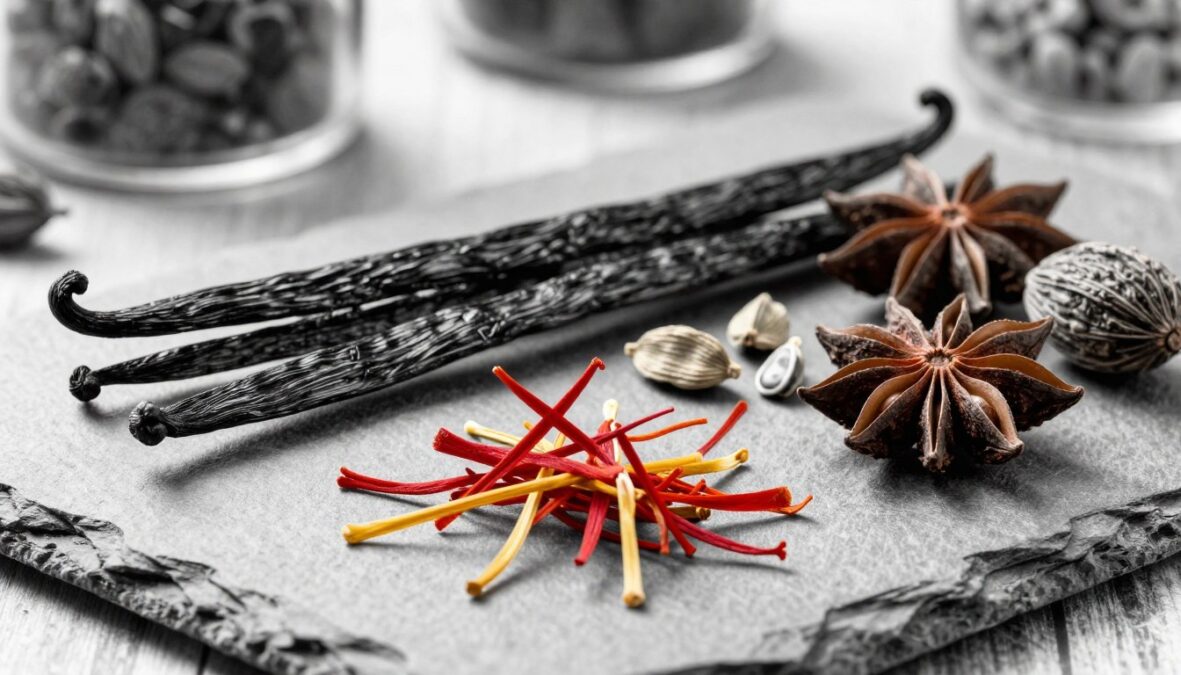 A beautifully arranged composition showcasing the top three most expensive spices in the world: saffron, vanilla, and exotic spices. In the foreground, delicate strands of saffron cradle vibrant threads of bright red and gold against a textured slate surface. The middle ground features plump, creamy vanilla pods with scattered seeds, providing a touch of rich brown contrast. Exotic spices like cardamom and star anise add depth as their intricate shapes hint at mystery. The background remains soft and blurred, highlighting a vintage spice market ambiance. Use high contrast black and white pencil illustration style with selective color accents on the spices, creating a sophisticated and artistic mood. Natural lighting casts gentle shadows, adding dimension and warmth. Capture this scene from a slightly elevated angle to emphasize the arrangement.
