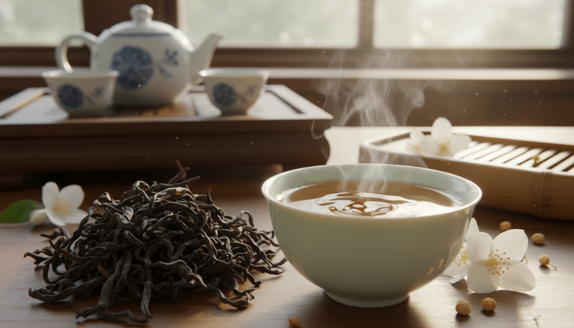 A beautifully arranged display of Da Hong Pao Oolong tea leaves and brewed tea in a delicate porcelain teapot. In the foreground, show the rich, dark, twisted leaves of the Da Hong Pao Oolong, glistening with moisture. In the middle ground, a steaming cup of the vibrant amber tea reflects the light, surrounded by a few blooming flowers typically associated with high-quality tea. The background features a traditional Chinese tea set on a wooden tea table, with soft, natural lighting filtering through a window, creating a warm and inviting atmosphere. Use a shallow depth of field to emphasize the tea leaves and cup, while softly blurring the background. The mood should evoke a sense of elegance and tranquility, characteristic of a luxurious tea experience.