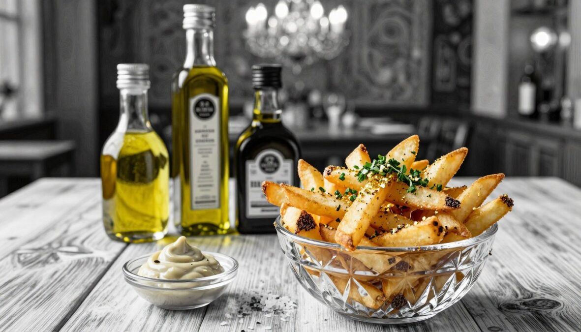 A beautifully arranged display of premium ingredients for luxurious fries. In the foreground, a crystal clear gourmet bowl filled with golden truffle fries, sprinkled with edible gold flakes, and garnished with finely chopped herbs. Beside it, a small dish showcasing a rich truffle aioli and a delicate sea salt. In the middle ground, arrange nobly crafted bottles of high-end gourmet oils, including olive oil and infused truffle oil, radiating elegance. The background should feature a soft-focus bokeh of a rustic wooden table and a glimmering chandelier casting warm light, enhancing the opulence of the ingredients. Use a black and white pencil sketch style with selective, vibrant color accents on the fries and the oils to give a luxurious yet artistic feel.