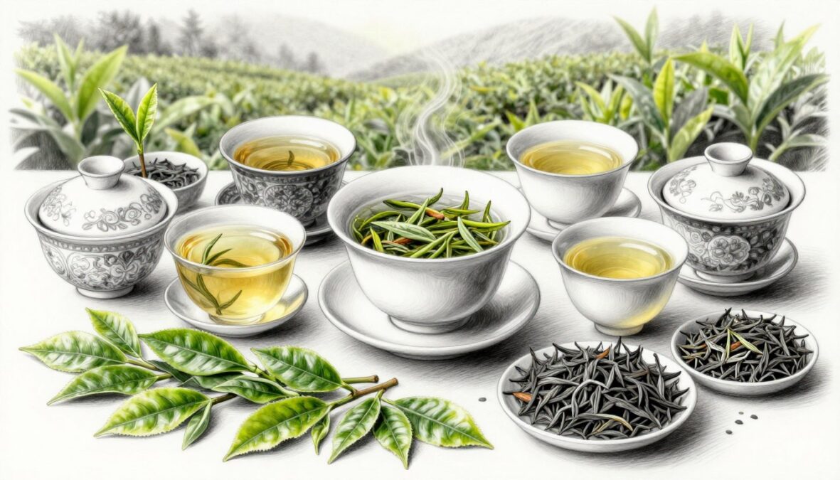 A beautifully arranged display of rare teas, featuring Da Hong Pao in the center, surrounded by exquisite tea leaves and delicate tea sets. In the foreground, showcase vibrant tea leaves, meticulously detailed in various shades of green, with subtle colored accents emphasizing unique characteristics. The middle ground features elegant teacups filled with steeping teas, their colors lightly swirling, and intricate ceramic patterns. The background is softly blurred, hinting at lush tea gardens under diffused, warm lighting, creating a peaceful and serene atmosphere. Capture this scene in black and white pencil sketch style with selective, vibrant splashes of color that highlight the teas’ rarity and luxury. Ensure a harmonious composition that exudes sophistication and the richness of tea culture.