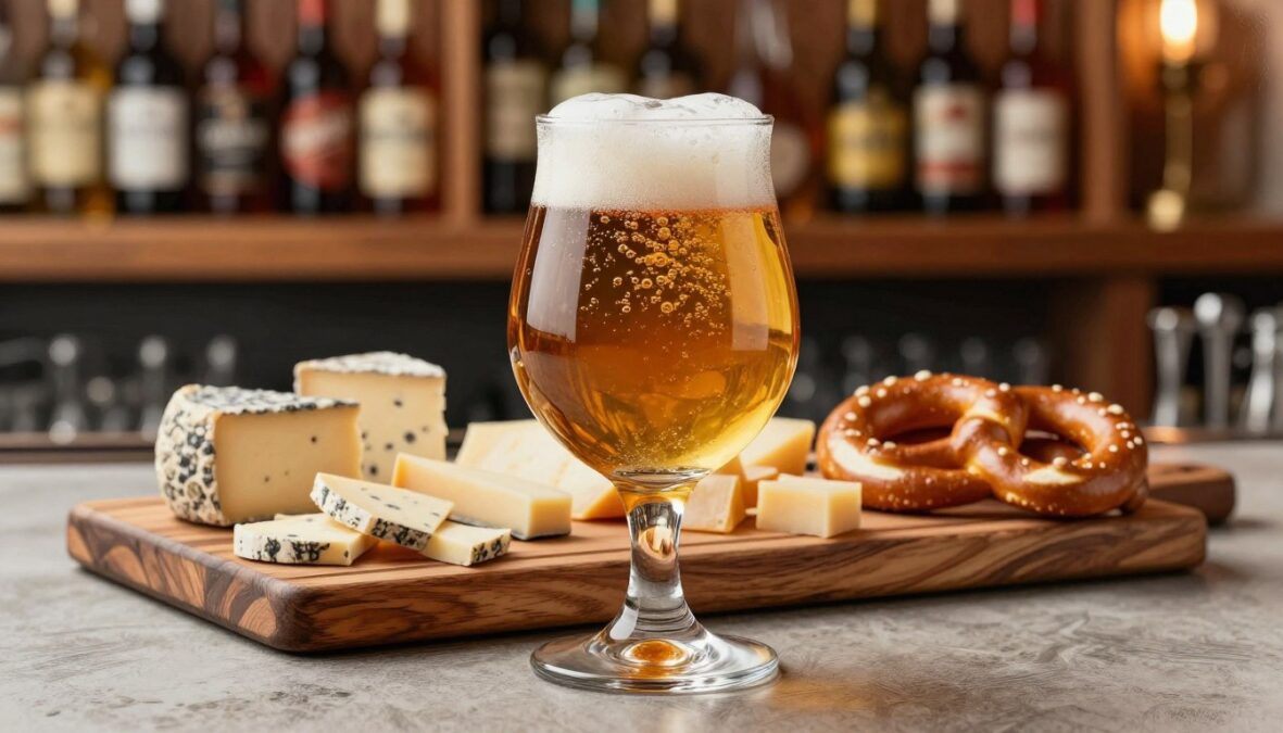 A beautifully arranged glass of high-end craft beer sits prominently in the foreground, its golden amber liquid glistening under soft, warm lighting, showcasing its rich texture and bubbles. The glass is elegantly designed, with subtle reflections of its intricate shape adding to the visual appeal. In the middle ground, a stylish wooden tasting board features a variety of gourmet snacks, such as artisanal cheeses and gourmet pretzels, enhancing the atmosphere of a sophisticated beer tasting experience. The background reveals a blurred bar setting, with shelves of rare craft beers and warm wooden elements, evoking a cozy yet upscale ambiance. The overall mood of the image is inviting and luxurious, creating a sense of anticipation for enjoying these exquisite beverages. The image is rendered in pencil sketch style with selective color accents highlighting the beer and snacks.