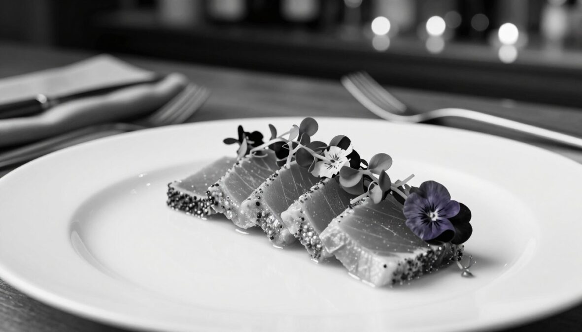A beautifully arranged gourmet dish featuring a Bluefin tuna steak, thinly sliced, laid elegantly on a pristine white plate. The dish is garnished with delicate microgreens and vibrant edible flowers, offering a pop of color against the monochrome background. The foreground showcases a fine culinary presentation, highlighting the texture of the fish. In the middle ground, a softly blurred arrangement of kitchen tools and fresh ingredients contributes to the scene's authenticity. The background maintains a subtle, elegant restaurant atmosphere with softly glowing lights that create a warm ambiance. The image is rendered in black and white with selective pops of color on the garnishes, enhancing the luxurious and artistic feel of the dish. The perspective is from a slight above angle, inviting the viewer to appreciate the exquisite details of this culinary masterpiece.