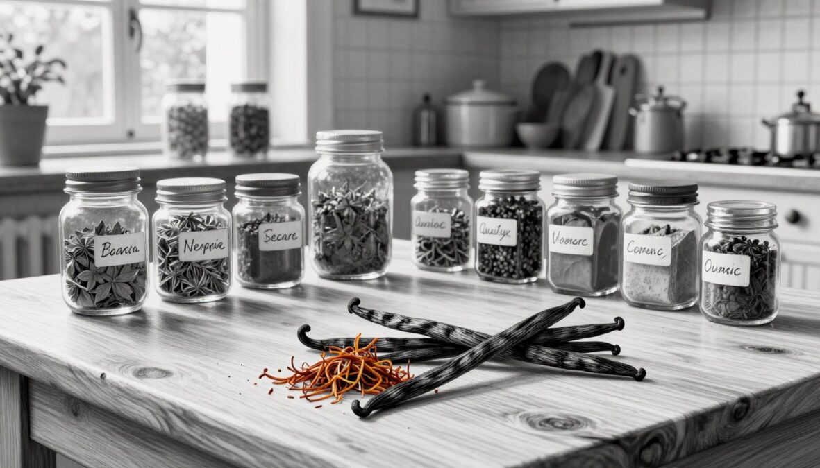 A beautifully arranged kitchen scene focused on the art of recognizing quality herbs and spices, depicted in pencil black and white with selective colored accents. In the foreground, an elegant wooden table displays premium saffron strands and vanilla pods, their textures highlighted with subtle color. In the middle, jars of spices in various sizes, labeled with handwritten tags, showcase organized storage and preservation methods. A backdrop of vintage shelves holds additional spice containers and tools, all bathed in warm, natural light filtering through a nearby window. The atmosphere is inviting and educational, emphasizing the importance of quality and proper storage techniques. The composition captures both the intricacy of spices and the essence of culinary artistry, rendered with meticulous detail for an engaging visual experience.