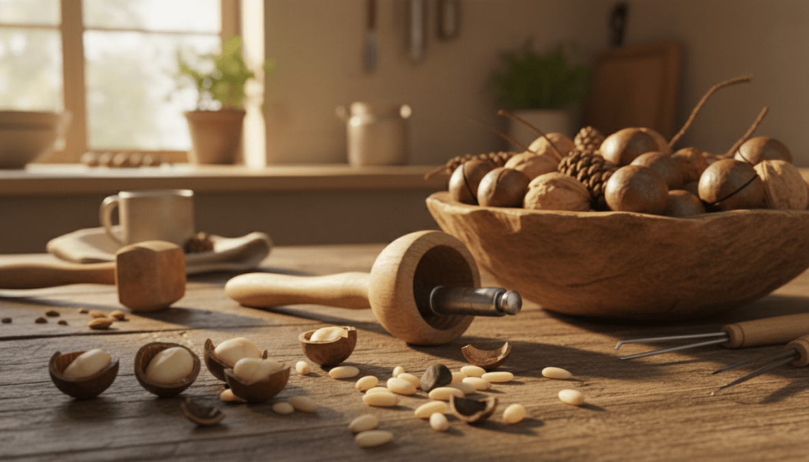 A beautifully arranged scene depicting the processing and cracking of nuts, focusing on macadamia and pine nuts in the foreground. Include detailed images of half-cracked macadamias and pine nuts with intricate textures visible. The middle ground features wooden tools like a nutcracker and a rustic bowl filled with whole nuts, emphasizing the traditional methods of nut processing. In the background, softly blurred, there are hints of a warm kitchen setting with natural lighting streaming in through a window, casting gentle shadows. Capture a warm and inviting atmosphere that highlights the labor-intensive nature of nut preparation, evoking a sense of artisanal craftsmanship. The overall composition should be harmonious, showcasing the beauty in the complexity of this delicate process.