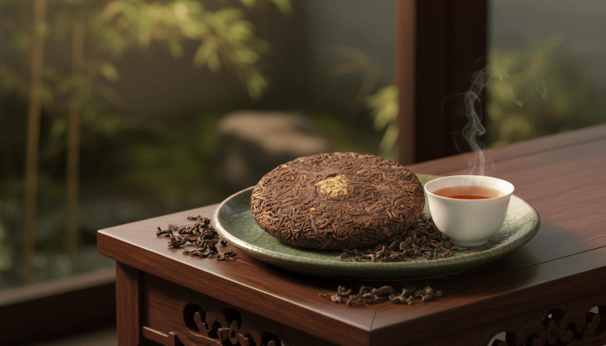 A beautifully arranged scene featuring a ripe Pu-Erh tea cake, showcasing its textured surface with deep brown and reddish hues. The foreground features the tea cake prominently on a traditional Chinese ceramic plate, surrounded by delicate tea leaves and a teacup filled with brewed tea, emphasizing its rich aroma. In the middle ground, an elegant wooden table is lightly illuminated by soft, warm lighting, creating a cozy atmosphere. The background includes blurred, subtle hints of a serene tea garden, with lush green foliage and gentle sunlight streaming through, enhancing the image's tranquility. This composition evokes an appreciation for the aged and rare qualities of Pu-Erh tea, conveying a sense of luxury and tradition in tea culture.