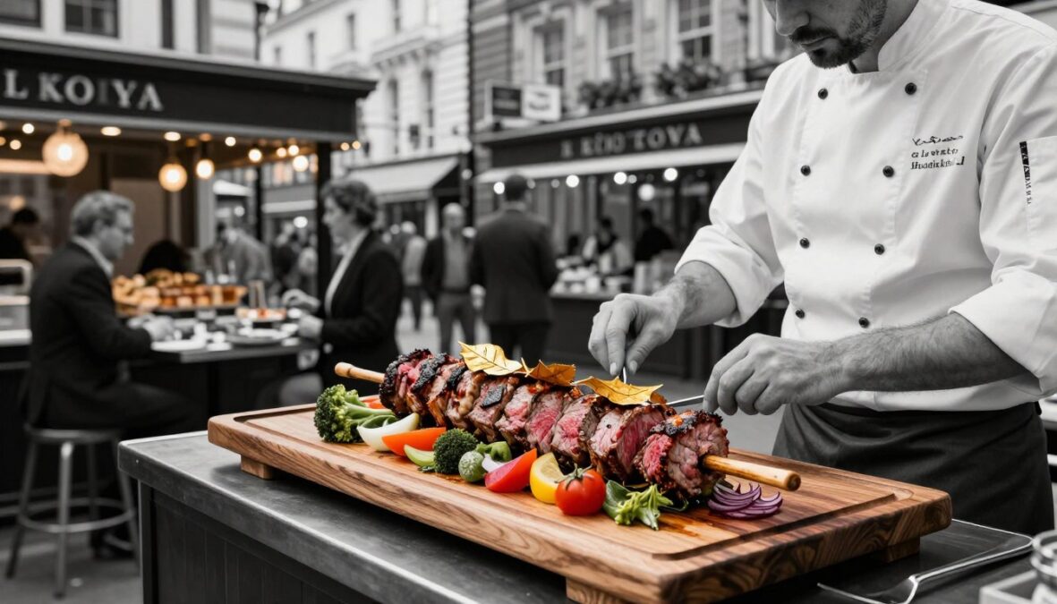 A beautifully crafted luxury kebab displayed on an elegant wooden platter, showcasing the world's most expensive döner featuring tender wagyu beef, golden leaf accents, and fresh, colorful vegetables. In the foreground, a skilled chef in professional attire meticulously prepares the kebab, highlighting the intricate details of the gourmet ingredients. The middle ground captures an upscale London food market ambiance with classy food stalls and sophisticated patrons admiring the dish. The background features iconic London architecture softly blurred, with warm, inviting lighting that emphasizes the richness and opulence of the kebab. The overall atmosphere is one of indulgence and exclusivity, with black and white pencil shading accented by selective vibrant colors highlighting the luxurious elements of the kebab.