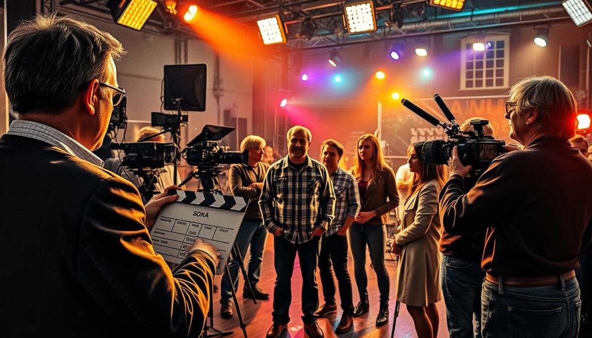 A behind-the-scenes view of a SOKO Donau film set, emphasizing the vibrant energy of the production. In the foreground, a director in professional attire reviews a scene, a clapperboard in hand, surrounded by crew members adjusting lights and cameras. The middle ground features actors in modest casual clothing discussing their roles, while actors prepare for a take, showcasing collaboration and creativity. The background displays a bustling film set, complete with camera equipment, colorful lights, and scenic props, all in pencil black and white with selective color accents highlighting key details. The atmosphere is lively and focused, capturing the excitement of filming season 21, illuminated by warm stage lights that create a dynamic interplay of shadows and highlights, reminiscent of the rhythm of on-set filming. A behind-the-scenes view of a SOKO Donau film set, emphasizing the vibrant energy of the production. In the foreground, a director in professional attire reviews a scene, a clapperboard in hand, surrounded by crew members adjusting lights and cameras. The middle ground features actors in modest casual clothing discussing their roles, while actors prepare for a take, showcasing collaboration and creativity. The background displays a bustling film set, complete with camera equipment, colorful lights, and scenic props, all in pencil black and white with selective color accents highlighting key details. The atmosphere is lively and focused, capturing the excitement of filming season 21, illuminated by warm stage lights that create a dynamic interplay of shadows and highlights, reminiscent of the rhythm of on-set filming.