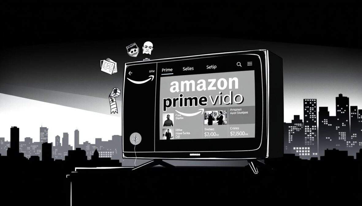 A black and white illustration depicting the concept of "Amazon Prime Video Angebot" with selective colored accents highlighting key elements. In the foreground, a stylized television screen displaying the Amazon Prime Video logo, surrounded by various iconic symbols representing popular SOKO series like a detective badge and crime scene tape. The middle layer features a digital interface design with a user-friendly layout, showcasing titles and pricing details for streaming content. In the background, a silhouette of a city skyline suggests a night-time atmosphere, with softly glowing lights. The lighting is dramatic with high contrasts, resembling a modern digital art style, evoking curiosity and engagement. The overall mood is informative yet inviting, aimed at viewers interested in streaming options.