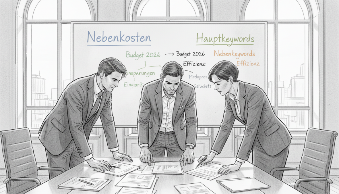 A black and white illustration featuring a sleek office environment that conveys a sense of professionalism and strategic thinking. In the foreground, a diverse group of three business professionals, dressed in professional attire, are engaged in a focused discussion around a conference table adorned with documents and charts related to cost management. The middle ground includes a large whiteboard filled with neatly arranged keywords, such as “Nebenkosten,” “Hauptkeywords,” and “Nebenkeywords,” highlighted with subtle colored accents. In the background, large windows allow natural light to flood the room, enhancing the atmosphere of clarity and insight. The composition captures a blend of collaboration and strategy, reflecting a proactive approach to managing costs in 2026.