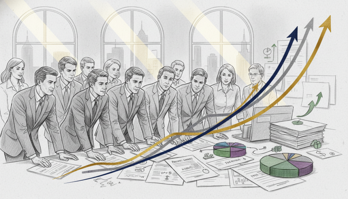 A black-and-white illustration representing the development of private retirement savings, with pencil drawing style and selective color accents. In the foreground, a diverse group of professionals in business attire examines a dynamic graph showcasing the market trends of private savings options, conveying analysis and deliberation. The middle ground features neatly arranged financial documents and charts, symbolizing various retirement plans and their expansions. The background displays a modern office setting with large windows, allowing natural light to enhance the scene, creating a sense of clarity and focus on future financial planning. The overall mood is professional and optimistic, highlighting the importance of informed decisions in retirement investments.