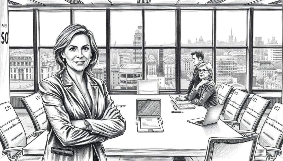A black and white pencil drawing of Brigitte Kren confidently leading the SOKO Donau team in a modern office setting. In the foreground, she is depicted in professional business attire, with a focused expression, surrounded by a few team members engaged in discussions. The middle ground features a large conference table, documents, and a laptop, conveying a sense of collaboration and decision-making. In the background, cityscape details through large windows represent Vienna, with soft, diffused lighting illuminating the space and creating an atmosphere of professionalism and anticipation for a new era. Selective splashes of color, perhaps in the form of team logos or decorative elements, add a touch of vibrancy to the otherwise monochromatic scene.