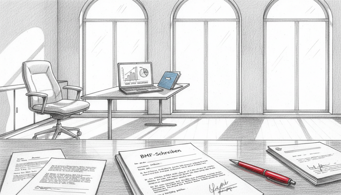 A black and white pencil-drawn illustration showcasing an office environment that reflects the theme of "BMF-Schreiben" and judicial decisions. In the foreground, a sleek desk is cluttered with official documents and legal papers, with a handwritten BMF-letter clearly visible. The middle-ground features a modern office setting with a stylish chair and a laptop open, displaying graphs and financial data, symbolizing the concept of home office deductions. In the background, large windows let in natural light, casting soft shadows that create a contemplative mood. A few strategically placed color accents, such as a red pen or a blue folder, add visual interest without overpowering the monochrome scheme. The atmosphere is serious and professional, perfect for illustrating the relevance of current BMF writings and court rulings in a business context.