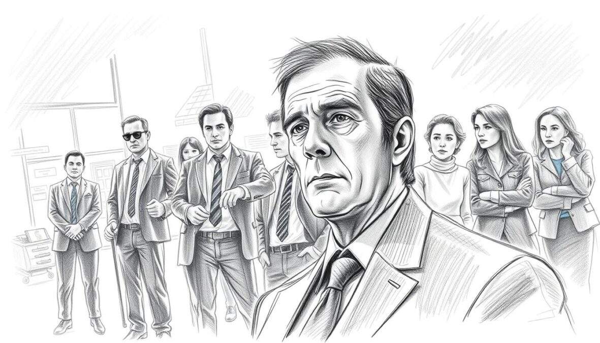 A black and white pencil sketch capturing the poignant moment of Marco Girnth's farewell as he transitions from his role in the ZDF crime series. In the foreground, depict a solemn Marco Girnth, dressed in professional attire, with a look of determination and nostalgia on his face. The middle ground features a group of colleagues in similar business attire, subtly reflecting mixed emotions of support and sadness. The background showcases an iconic scene from the set, with classic crime-drama elements, fading into soft, shadowy outlines that symbolize change and the passage of time. Incorporate selective colored accents, such as a touch of blue in the characters' clothing or the backdrop, to emphasize the emotional weight of the scene. Use dramatic lighting to create depth and enhance the atmosphere of transition and reflection. A black and white pencil sketch capturing the poignant moment of Marco Girnth's farewell as he transitions from his role in the ZDF crime series. In the foreground, depict a solemn Marco Girnth, dressed in professional attire, with a look of determination and nostalgia on his face. The middle ground features a group of colleagues in similar business attire, subtly reflecting mixed emotions of support and sadness. The background showcases an iconic scene from the set, with classic crime-drama elements, fading into soft, shadowy outlines that symbolize change and the passage of time. Incorporate selective colored accents, such as a touch of blue in the characters' clothing or the backdrop, to emphasize the emotional weight of the scene. Use dramatic lighting to create depth and enhance the atmosphere of transition and reflection.