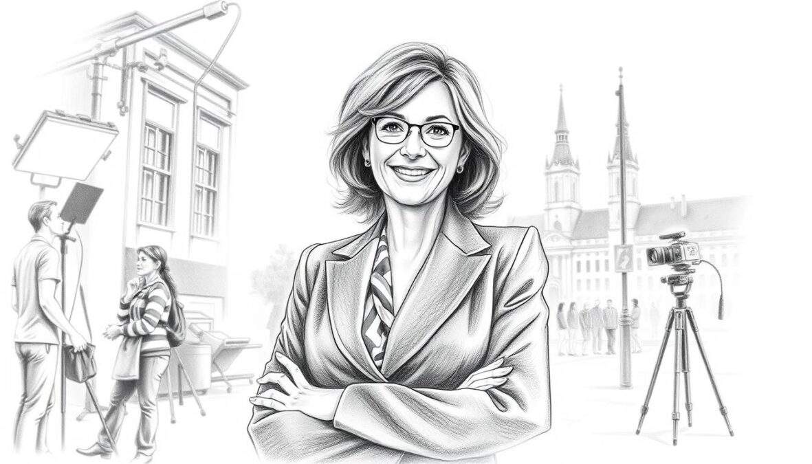 A black and white pencil sketch depicting Ina Zimmermann in her first TV lead role. The foreground features her confidently standing with an engaging expression, dressed in professional business attire, exuding both strength and warmth. In the middle ground, subtle elements suggest a film set, such as soft lighting fixtures illuminating her, and crew members faintly visible, hinting at a bustling environment. The background includes a stylized representation of a cityscape to symbolize the setting of SOKO Leipzig, softly blurred to maintain focus on the subject. There are selective color accents, such as the vibrant hues of her outfit and soft warm lighting, to enhance the mood of nostalgia and triumph. The atmosphere is inspiring and professional, emphasizing the significant milestone of her career.