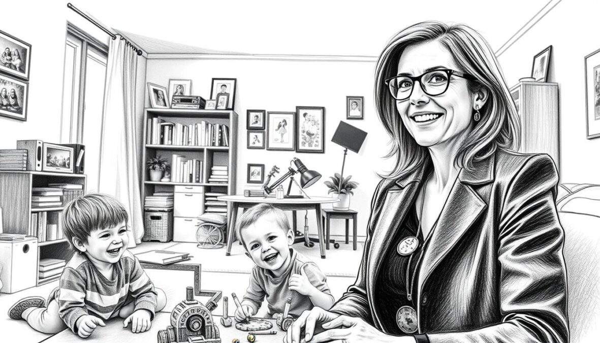 A black-and-white pencil sketch depicting a harmonious family scene showcasing the balance between work and family life. In the foreground, a mother, dressed in smart casual attire, is on a video call for work, her expression focused yet warm. Beside her, two children play with toys, their laughter filling the air. In the middle ground, a cozy home office is visible, cluttered with books and papers, symbolizing her dual roles as a working actor and author. The background features a serene living room with family photos on the wall, creating an intimate atmosphere. Soft, diffused lighting enhances the sense of warmth and balance, while punctuated color accents bring life to the toys and family moments. A calm, nurturing, and cheerful mood pervades the scene.