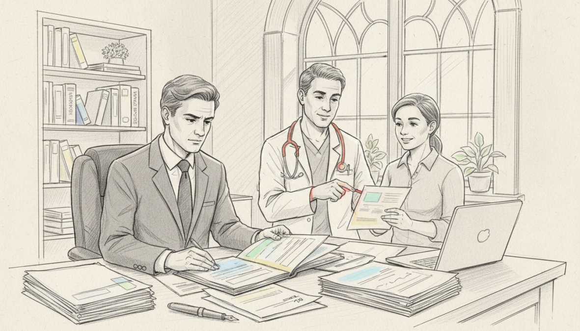 A black and white pencil sketch depicting a professional setting focused on health assessments for disability insurance. In the foreground, a well-dressed individual in business attire is seated at a desk, thoughtfully reviewing medical documents and questionnaires. The middle ground features a medical professional in a white coat providing guidance, with a stethoscope visible, appearing engaged in patient interaction. In the background, a large window allows soft, natural light to filter in, illuminating a shelf filled with healthcare books and pamphlets about health checks. The atmosphere is serious yet optimistic, emphasizing the importance of health evaluations, with subtle colorful accents on the documents and the characters’ positive expressions.