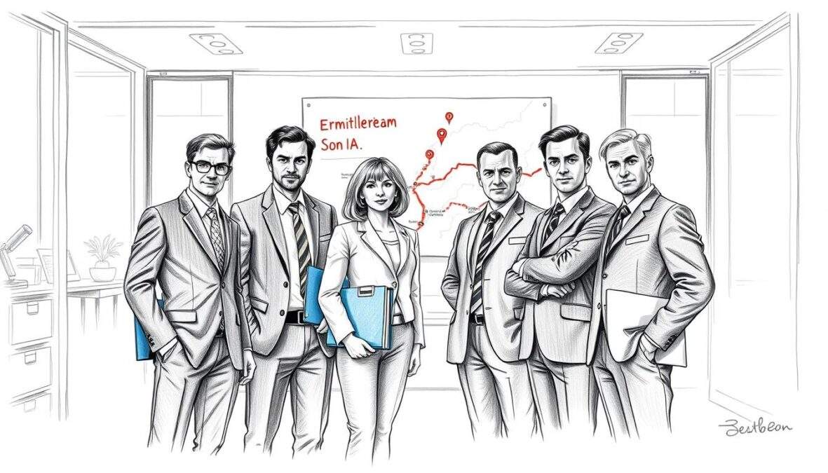 A black and white pencil sketch depicting the "Ermittlerteam SOKO Donau" gathered in a dynamic, professional setting. Foreground: a diverse group of five detectives in sharp business attire, each with distinct expressions of determination and camaraderie, showcasing a mix of ages and ethnic backgrounds. Middle: a modern office space filled with investigation files and a large map on the wall highlighting their latest case, creating a sense of active engagement. Background: large windows letting in soft, diffused natural light, enhancing the focus on the team. Subtle color accents, such as a blue file folder or a red pin on the map, draw attention to key elements. The atmosphere is one of collaboration and reuniting, with an underlying tension suggesting a critical moment in their work. A black and white pencil sketch depicting the "Ermittlerteam SOKO Donau" gathered in a dynamic, professional setting. Foreground: a diverse group of five detectives in sharp business attire, each with distinct expressions of determination and camaraderie, showcasing a mix of ages and ethnic backgrounds. Middle: a modern office space filled with investigation files and a large map on the wall highlighting their latest case, creating a sense of active engagement. Background: large windows letting in soft, diffused natural light, enhancing the focus on the team. Subtle color accents, such as a blue file folder or a red pin on the map, draw attention to key elements. The atmosphere is one of collaboration and reuniting, with an underlying tension suggesting a critical moment in their work.