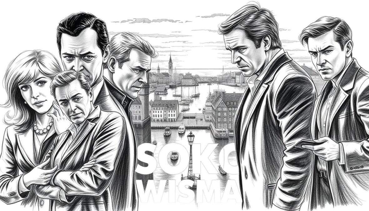 A black and white pencil sketch depicting the evolution of "SOKO Wismar," featuring iconic scenes from various seasons. In the foreground, characters in professional business attire, engaged in a dramatic investigation, with expressions of determination and teamwork. The middle ground shows a busy harbor scene representing Wismar, with historical architecture and hints of colorful accents in the water and boats symbolizing the vibrant essence of the show. The background unveils a scenic sunset over the Baltic Sea, softly illuminating the sky. The atmosphere is serious yet inspiring, conveying the show's legacy through detailed textures and contrasts, with a focus on the characters’ interactions and the iconic Wismar setting.