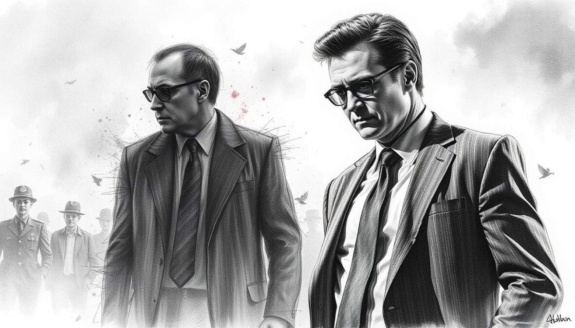 A black and white pencil sketch featuring Dietrich Siegl in a dramatic pose, dressed in professional business attire, standing confidently in the foreground as a legendary investigator. In the middle ground, a shadowy, abstract representation of a past role as a charismatic serial killer lurks, partially blending into the scene, symbolizing his complex career journey. The background showcases a moody, foggy urban landscape typical of crime dramas, with subtle hints of color accents in key areas – perhaps vibrant red in a tie or a police badge, evoking a tension-filled atmosphere. The lighting is dramatic, casting deep shadows and highlights to enhance the emotional impact. The overall mood is one of intrigue and evolution, illustrating the transition from a challenging past to a respected present.