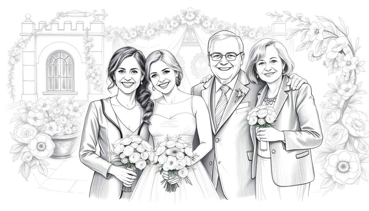 A black and white pencil sketch illustration capturing the essence of Astrid M. Fünderich during her wedding, surrounded by family, radiating warmth and joy. In the foreground, depict Astrid in a modest, elegant wedding dress, smiling brightly with her family members, dressed in professional business attire, showcasing a close-knit bond. In the middle ground, a charming garden setting with soft, romantic details like flowers and greenery, illustrating an intimate wedding atmosphere. The background features a gentle blur of a quaint venue, enhancing the focus on the family. Incorporate subtle color accents, such as soft pastels in flower arrangements, to bring a touch of vibrancy. Aim for soft, diffused lighting to create a warm, inviting mood that reflects love and celebration.