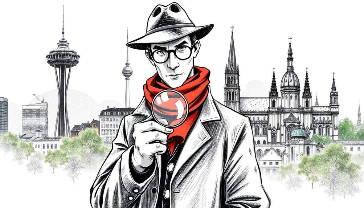 A black and white pencil sketch illustration depicting the essence of the SOKO detective series from Stuttgart, Wismar, and Köln. In the foreground, a professional detective is shown in modest attire, holding a magnifying glass, representing the spirit of investigation. In the middle ground, iconic landmarks from each city are illustrated: the Stuttgart TV tower, Wismar's brick Gothic buildings, and Köln's impressive cathedral. Incorporate subtle color accents highlighting specific elements, such as a red scarf on the detective and green foliage around the landmarks. The background features a soft gradient of hazy urban landscapes, creating a moody atmosphere of mystery and discovery. Use soft lighting to enhance the details and add depth, capturing the essence of a compelling detective narrative.