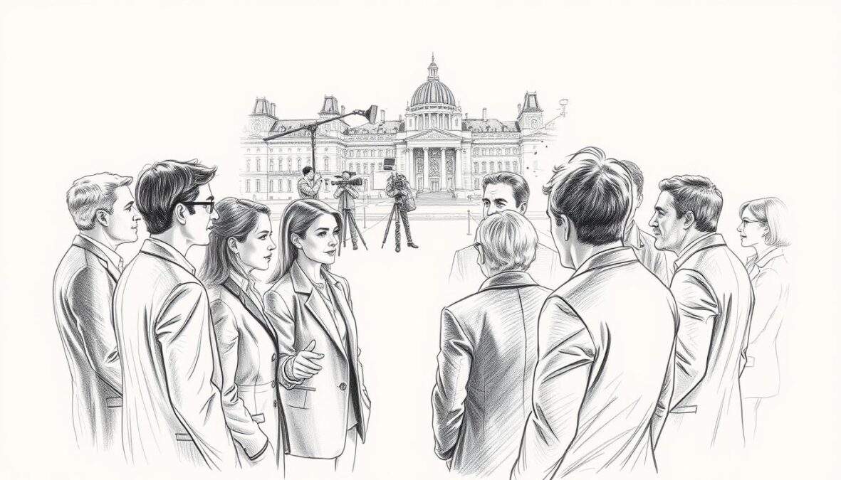 A black-and-white pencil sketch illustration of a scene from the filming of "SOKO Stuttgart." In the foreground, a group of diverse, professionally dressed actors is in a discussion, portraying a collaborative atmosphere. The middle ground features a film crew setting up lights and cameras, emphasizing the behind-the-scenes action of TV production. The background shows an iconic Stuttgart cityscape, with recognizable architecture subtly rendered. Dashes of color highlight specific elements, such as the vibrant details of costumes or film equipment, creating visual interest against the monochromatic palette. The lighting is soft and cinematographic, evoking a dynamic yet focused mood, suitable for the creative process of making a thrilling crime drama.