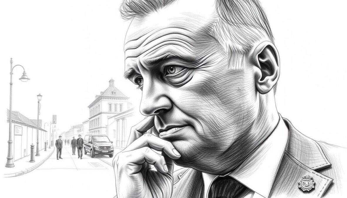 A black and white pencil sketch portrait of Marco Girnth, embodying his essence as a stalwart figure of SOKO Leipzig. He is portrayed in a thoughtful pose, wearing a professional suit that reflects his long-standing role in the series. The foreground captures his expressive face, highlighting his determination and wisdom. In the middle ground, subtly include iconic elements related to Leipzig, like a police badge and a quiet street scene that hints at the show's investigative themes. In the background, soft pencil shading suggests a city skyline. Add points of color accentuating his badge and tie, creating a focal point. The mood should evoke nostalgia and honor, celebrating the end of an era in a warm, respectful light. A black and white pencil sketch portrait of Marco Girnth, embodying his essence as a stalwart figure of SOKO Leipzig. He is portrayed in a thoughtful pose, wearing a professional suit that reflects his long-standing role in the series. The foreground captures his expressive face, highlighting his determination and wisdom. In the middle ground, subtly include iconic elements related to Leipzig, like a police badge and a quiet street scene that hints at the show's investigative themes. In the background, soft pencil shading suggests a city skyline. Add points of color accentuating his badge and tie, creating a focal point. The mood should evoke nostalgia and honor, celebrating the end of an era in a warm, respectful light.