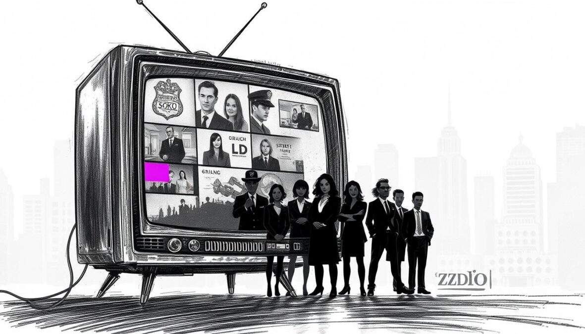 A black and white sketch-style image depicting a collage of abandoned SOKO series from ZDF. In the foreground, a vintage television set displays static and faded scenes from several past SOKO shows, illustrated in pencil and accompanied by colorful accents highlighting key elements, such as a police badge, a magnifying glass, and a clip of city skyline. In the middle ground, an array of iconic SOKO character silhouettes stands in a semi-circle, dressed in professional attire, with expressive but abstract features, conveying action and mystery. The background features blurred outlines of urban settings, giving it a nostalgic and reflective atmosphere. Soft, dramatic lighting enhances the depth, evoking a sense of nostalgia and intrigue while maintaining an artistic mood.