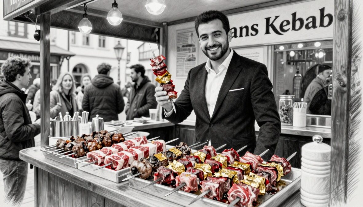 A bustling scene at "Hans Kebab" in Munich showcasing Cihan Anadologlu, the owner, standing proudly behind an elegant kebab stall. The foreground features a carefully arranged display of the luxurious kebabs, emphasizing Wagyu meat and gold leaf accents, rendered in black and white pencil sketch style with vibrant colored highlights on the kebabs. In the middle, Cihan, dressed in stylish business attire, holds a kebab, smiling warmly at patrons. The background includes a lively street atmosphere, with tasteful hints of traditional Bavarian architecture. Soft, diffused lighting enhances the inviting mood, creating a sophisticated yet approachable scene, captured from a slight low-angle viewpoint to emphasize the grandeur of the experience.