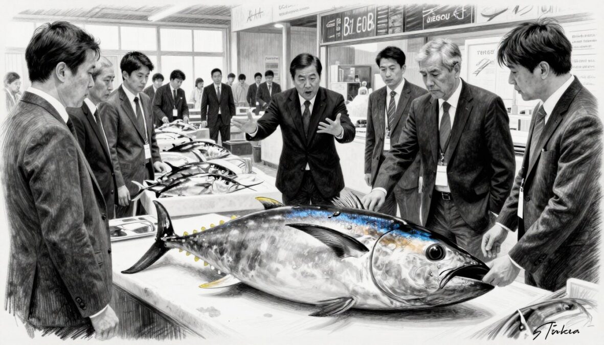 A bustling scene at the Toyosu Market during a high-stakes tuna auction, depicted in black and white pencil sketch with selective color accents. In the foreground, a large, gleaming bluefin tuna on display, surrounded by serious buyers in professional business attire, evaluating its quality. In the middle ground, auctioneers energetically gesturing, their expressions intense and focused. The background features the market atmosphere with stalls filled with fresh seafood, illuminated by soft, natural light streaming through large windows. The mood captures the thrill and exclusivity of the auction, emphasizing the importance of sustainability in seafood sourcing.