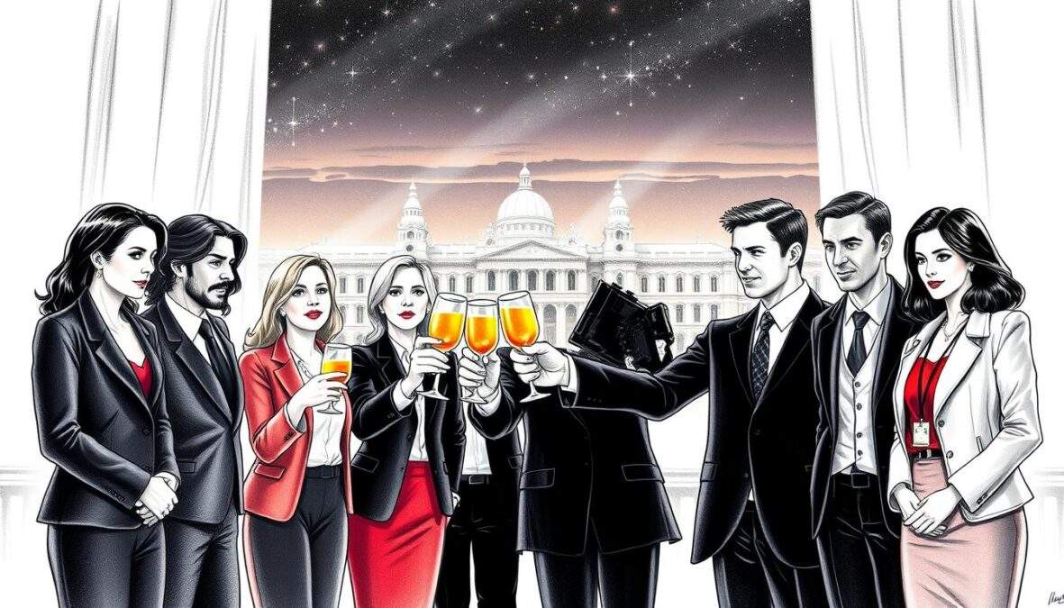 A celebratory scene depicting "20 Jahre SOKO Wien Erfolgsgeschichte Jubiläum" in a vibrant yet elegant style. In the foreground, a diverse group of professional characters dressed in sharp business attire, showcasing a mix of genders and ethnicities, are engaged in a moment of toast, symbolizing togetherness and success. In the middle ground, a subtle representation of iconic Vienna architecture softly blending with elements related to the show, like police badges or clips of investigation, to signify the series' theme. The background reveals a twilight sky with stars twinkling, lending an enchanting vibe to the celebration. The overall image should be in black and white pencil drawing with selective color accents on the toast glasses and the Vienna skyline, creating a dynamic contrast. Soft, warm lighting highlights the figures, evoking feelings of nostalgia and achievement.