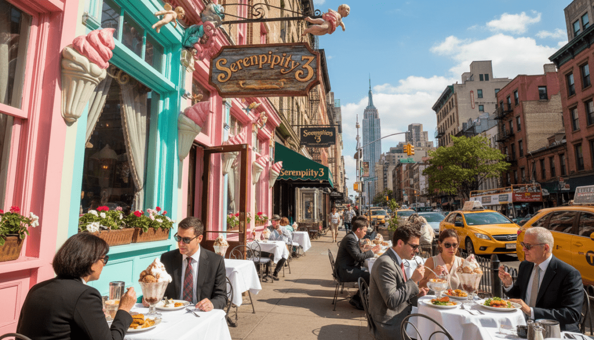 A charming view of Serendipity3 Restaurant in New York, capturing its iconic pastel-colored façade adorned with whimsical decorations. In the foreground, a classic wooden sign hangs invitingly, showcasing the restaurant's name. The middle ground features elegantly dressed patrons enjoying lavish meals outside, creating a lively ambiance. In the background, the bustling streets of New York are dotted with colorful storefronts and city landmarks under a bright, sunny sky. The lighting is warm and inviting, casting gentle shadows that enhance the cozy atmosphere. Use a wide-angle lens to capture the vibrancy of the scene, evoking a sense of excitement and indulgence typical of this record-breaking culinary destination.