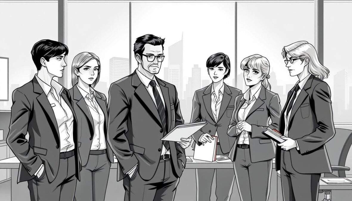 A cinematic black and white illustration of the main cast of "SOKO Wismar," depicted in a professional setting. In the foreground, show the key characters in professional business attire—confident and engaged in a discussion, conveying teamwork and determination. In the middle ground, include subtle hints of the police procedural environment, like a desk with investigative materials and a backdrop featuring a modern cityscape reminiscent of Wismar. The background should have soft lighting and shadows to create a dramatic yet approachable atmosphere. Incorporate selective color accents, like the characters’ badges or files, to emphasize their roles. Capture a sense of camaraderie and professionalism, focusing on the characters’ expressions and body language to reflect their commitment to solving cases together.