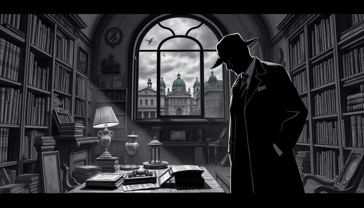 A cinematic scene illustrating "Der vierte Mann Crossover," featuring a mysterious and dramatic atmosphere. In the foreground, a silhouette of two detectives in professional business attire is positioned, examining a historical artifact. The middle ground showcases an intricate, dimly lit library filled with old books and artifacts, casting soft shadows across the room. In the background, an atmospheric window reveals a moody, cloudy Berlin skyline, enhancing the sense of history. Use black and white pencil sketch style with selective color accents on the artifacts and the detectives' badges, emphasizing their significance. The lighting should be moody and atmospheric, creating an intriguing sense of depth and urgency, shot from a slightly elevated angle to capture the scene's layers effectively. A cinematic scene illustrating "Der vierte Mann Crossover," featuring a mysterious and dramatic atmosphere. In the foreground, a silhouette of two detectives in professional business attire is positioned, examining a historical artifact. The middle ground showcases an intricate, dimly lit library filled with old books and artifacts, casting soft shadows across the room. In the background, an atmospheric window reveals a moody, cloudy Berlin skyline, enhancing the sense of history. Use black and white pencil sketch style with selective color accents on the artifacts and the detectives' badges, emphasizing their significance. The lighting should be moody and atmospheric, creating an intriguing sense of depth and urgency, shot from a slightly elevated angle to capture the scene's layers effectively.