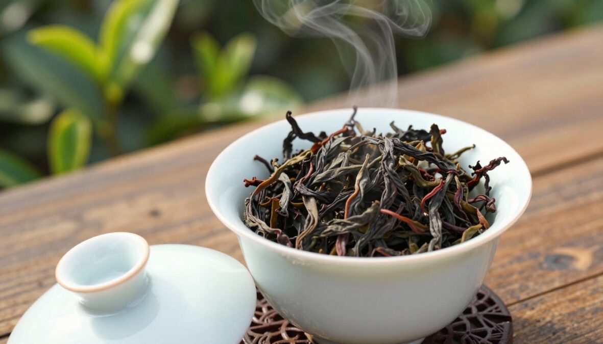 A close-up of Da Hong Pao Oolong tea leaves, showcasing their twisted, dark brown texture with subtle hints of red, set against a delicate porcelain teacup. In the foreground, a small teapot, designed in an elegant, traditional style, emits a faint steam swirl, adding a sense of warmth and depth. The middle ground features a rustic wooden table with slight scratches, enhancing the authenticity of the scene. In the background, softly blurred green tea plants create a lush setting, hinting at the tea’s origin. The lighting is soft and diffused, casting gentle shadows, while subtle colored accents in the teacup and teapot bring vibrancy. The overall atmosphere is serene, inviting the viewer to indulge in the luxurious experience of tasting one of the world’s rarest teas.