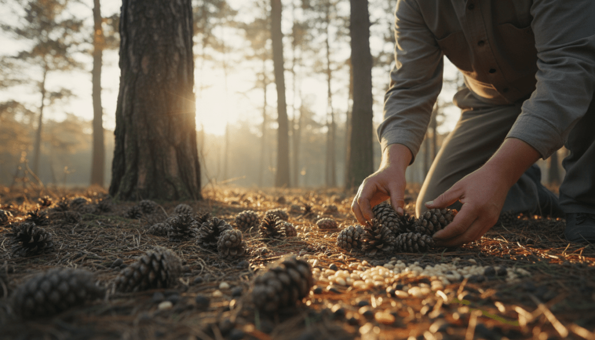 A close-up view of a lush pine forest during the Golden hour, focusing on the harvesting of pine nuts. In the foreground, a skilled worker, wearing modest casual clothing, carefully collects freshly harvested pine cones, their scales glistening with morning dew. The middle ground showcases scattered pine cones and fallen pine nuts, highlighting the raw beauty of this precious harvest. In the background, majestic pine trees stretch towards the sky, bathed in soft, warm sunlight filtering through the branches, creating a serene atmosphere. The overall mood evokes a sense of tranquility and appreciation for nature's bounty, with a depth of field that subtly blurs the surroundings while keeping the harvesting action in sharp focus.