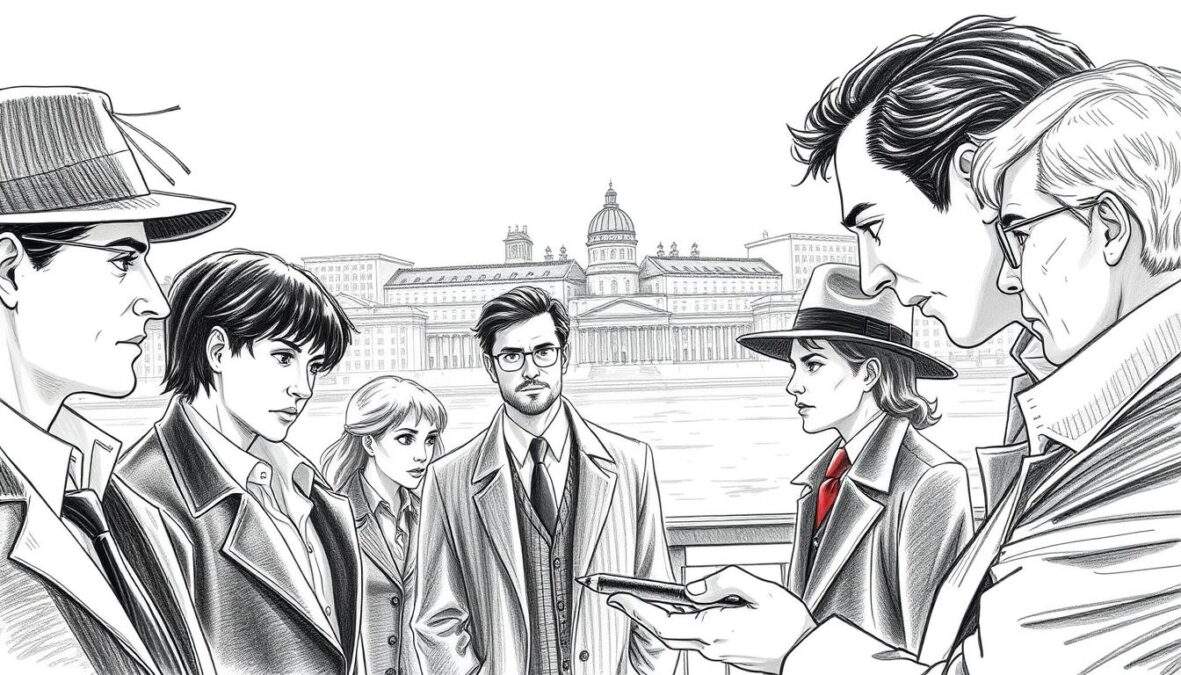 A conceptual image capturing the essence of the "SOKO Donau" anniversary episode titled "Josef." In the foreground, depict a group of diverse detectives in professional attire, deeply engaged in a discussion, showcasing expressions of determination and teamwork. In the middle ground, illustrate a classic Viennese cityscape, blending historical architecture with modern elements, symbolizing the show's setting. The background should feature a serene Danube river landscape under a soft, diffused midday light, adding a sense of tranquility. Utilize a monochromatic pencil sketch style with selective color accents to highlight key features like character expressions and architectural details, creating a harmonious and reflective atmosphere that resonates with the theme of mystery and collaboration.