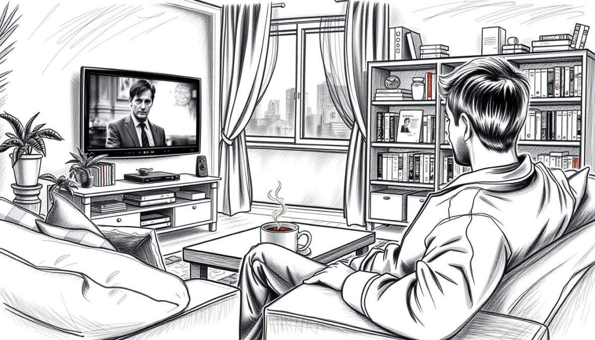 A cozy living room setting, depicted in black and white pencil sketch style, with colorful accents highlighting elements like cushions, a TV screen displaying a gripping detective series, and a steaming cup of coffee on a table. In the foreground, a casual viewer dressed in modest attire is seated comfortably, absorbed in the show. The middle ground features a stylish bookshelf filled with crime novels and DVDs, while the background includes a softly-lit window with curtains fluttering gently, suggesting an inviting evening atmosphere. The mood should evoke a sense of relaxation and suspense, inviting crime fans to engage deeply with their favorite series.
