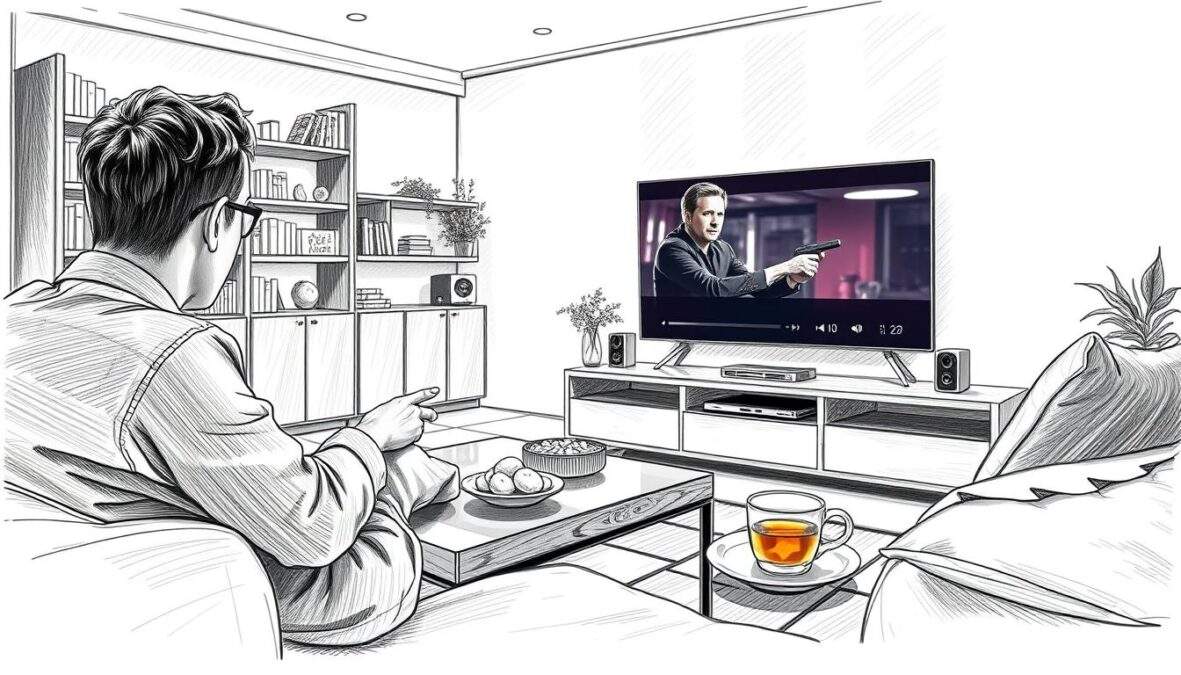 A cozy, modern living room setting where a viewer is intently watching a SOKO episode on a sleek flat-screen TV. The foreground features a stylish coffee table with a remote, snacks, and a warm cup of tea. In the middle ground, there's a comfortable sofa adorned with plush cushions, and the TV displays a scene from SOKO, subtly highlighted with colorful accents, suggesting action and drama. The background shows a tastefully decorated bookshelf filled with books and a few decorative plants, bathed in soft, warm lighting that creates an inviting atmosphere. The image captures a sense of relaxation and engagement, perfect for enjoying streaming content. The overall look is in black and white pencil sketch style with selective color highlights to accentuate the scene.