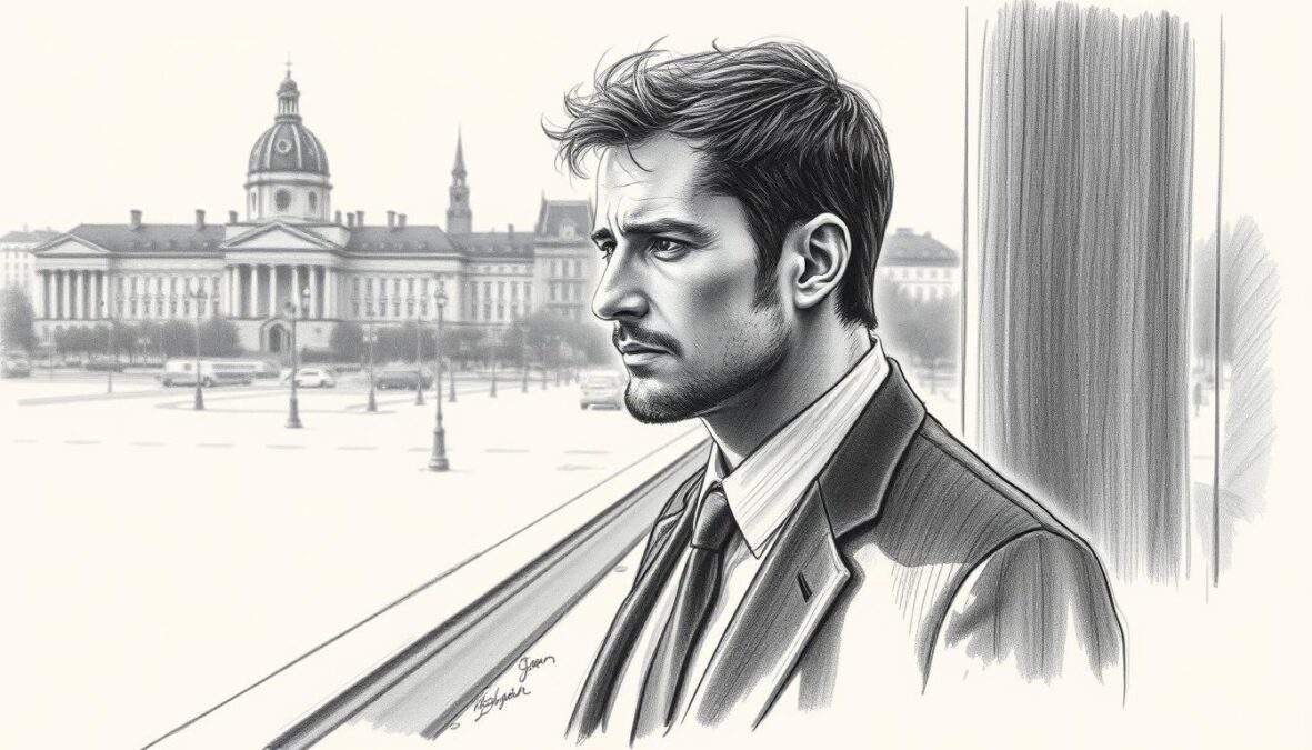 A deeply reflective scene capturing Jan Maybach, a central character from "SOKO Leipzig," in a moment of contemplation. He stands in the foreground, dressed in professional business attire, showcasing a blend of determination and vulnerability. In the middle ground, elements of a Leipzig urban environment hint at his connection to the city, featuring muted architectural lines in graphite shades. The background reveals a subtly blurred skyline, evoking nostalgia and a sense of farewell. The entire image is rendered in pencil with black and white tones, accentuated by selective color highlights that reflect emotional depth. Soft, diffused lighting casts gentle shadows, enhancing the contemplative atmosphere, while a slight low-angle perspective adds depth to his character's journey.