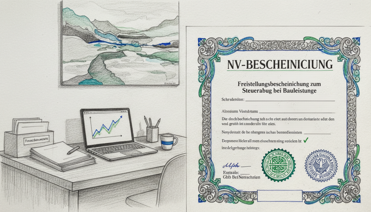 A detailed "NV-Bescheinigung" certificate, prominently displayed in the foreground. The certificate features a sophisticated design, including official seals and a header indicating its purpose, illustrated in intricate pencil illustrations with black and white tones, accented by selective splashes of color in blues and greens. In the middle ground, a neatly arranged workspace includes a stylish desk with a modern laptop and financial documents, evoking a professional atmosphere. In the background, a softly blurred wall with abstract art adds depth while maintaining focus on the certificate. Soft, diffused lighting creates an inviting and organized mood, ideal for conveying legitimacy and trust. The overall composition emphasizes clarity and purpose without any text overlays or distractions.