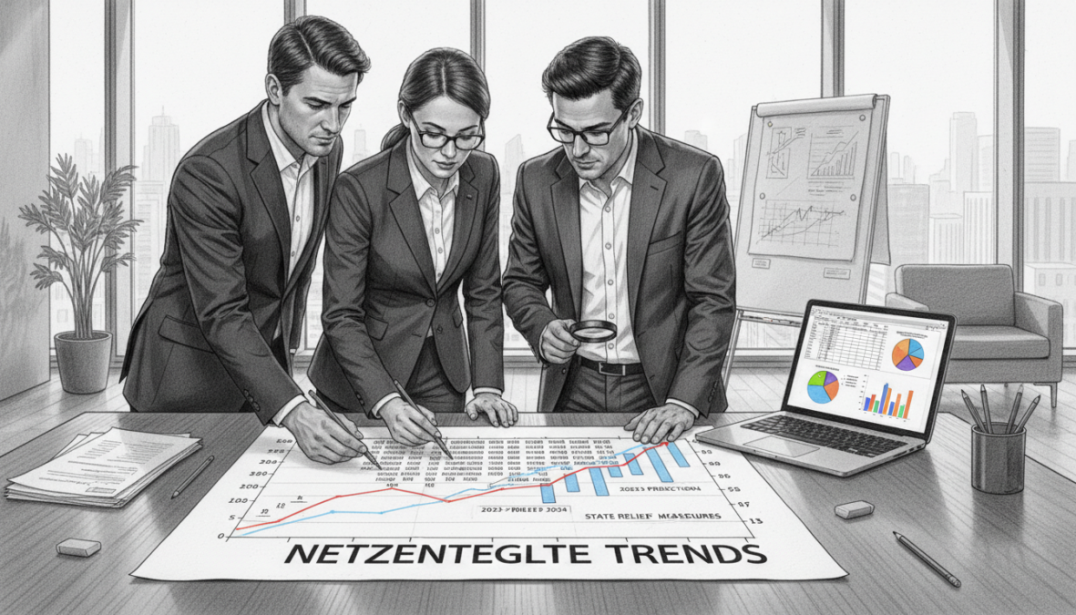 A detailed analysis of electricity network fees in a professional setting, focusing on charts and graphs displayed on a modern office desk. In the foreground, a group of three professionals in business attire, engaged in discussion, analyzing a large printed graph depicting netzentgelte trends. The middle ground features a sleek laptop open with spreadsheets visible, along with a few colorful infographics indicating state relief measures related to power prices. The background is a softly lit office space, with large windows allowing natural light to flow in, casting soft shadows. The overall atmosphere should reflect a serious yet collaborative mood about financial forecasting and energy pricing, illustrated in pencil black and white with selective colorful accents highlighting key data points.