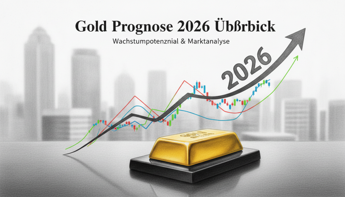 A detailed and informative illustration for "Gold Prognose 2026 Überblick." In the foreground, a polished gold bar sits atop a sleek black surface, reflecting soft light. In the middle ground, a stylized graph curves upward, depicting gold price predictions with smooth lines and colorful accents highlighting key data points. The background features a blurred financial district skyline, illuminated by soft ambient lighting, conveying a sense of investment and wealth. The overall mood is optimistic and professional, with elements drawn in crisp black and white pencil, combined with vibrant colored accents on the graph to guide the viewer's eye. The composition is well-balanced, revealing a sense of clarity and focus on the gold market's future trends.