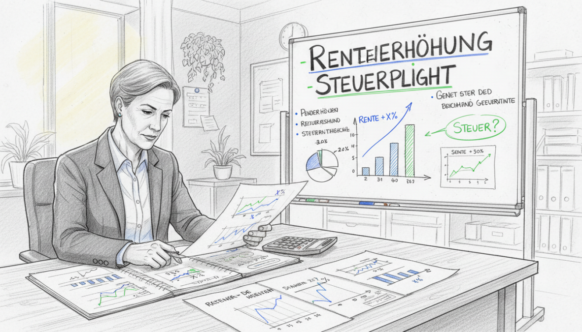 A detailed and informative scene centered around the financial concept of pension increase and its tax implications. In the foreground, a professional middle-aged individual in smart business attire sits at a desk, analyzing documents that depict graphs and abstract figures representing pension growth and tax brackets. In the middle ground, there is a large whiteboard filled with hand-drawn charts and notes about "Rentenerhöhung" and "Steuerpflicht," with colorful accents in blue and green emphasizing key points. The background features an office environment with soft, diffused lighting that creates a calm and focused atmosphere, enhancing the serious tone of financial planning. The overall mood is professional and analytical, capturing the essence of economic discussion in pencil sketch style with selective splashes of color.
