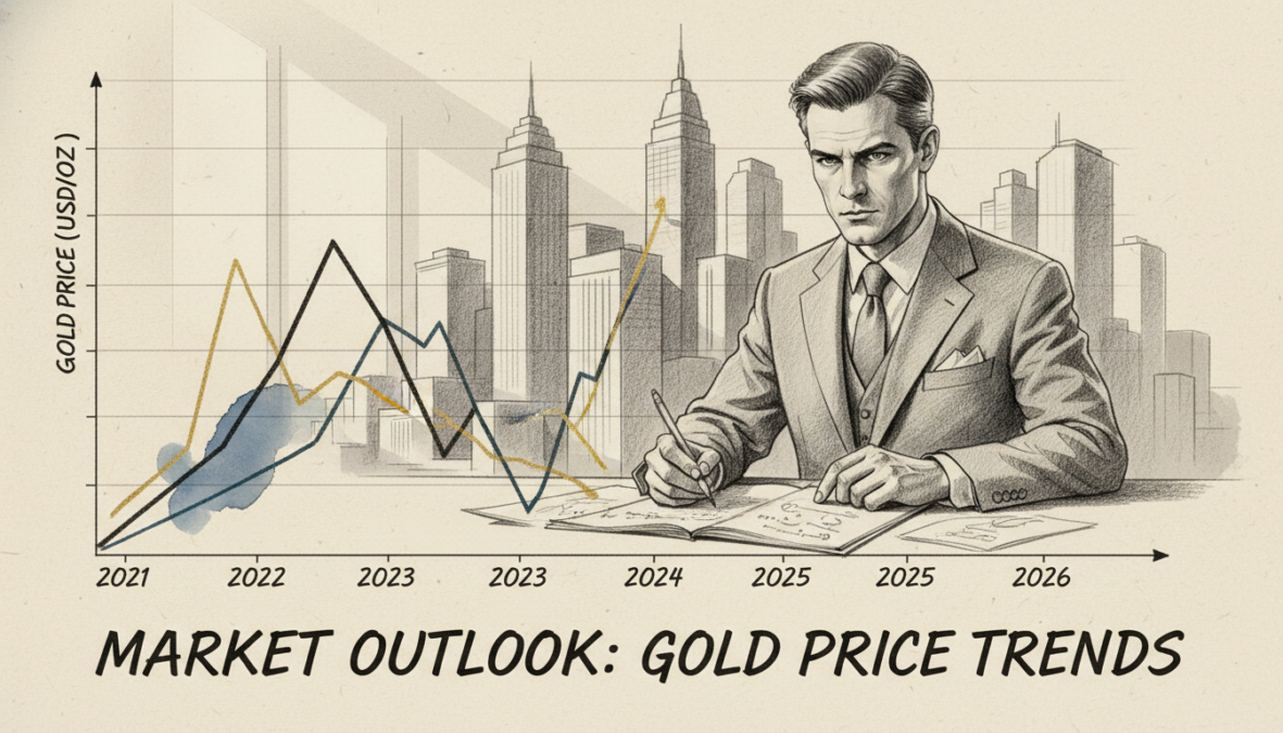 A detailed and sophisticated market analysis illustration focusing on gold price trends. In the foreground, a stylized line graph showcasing fluctuating gold prices from 2021 to 2026, presented in sharp black and white pencil sketches with selective color accents highlighting significant peaks and drops. The middle ground features a professional analyst, dressed in business attire, observing the graph, with focused expression and a notepad in hand. In the background, an abstract representation of a financial district skyline subtly rendered in monochrome, symbolizing the economic environment. Soft, dramatic lighting enhances shadows and contours, creating a contemplative and analytical mood, suggesting a deep insight into the market trends. The composition invites viewers to engage with the analysis visually.