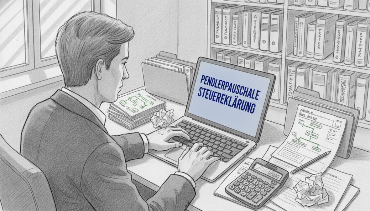 A detailed and structured tax calculation scene for "Pendlerpauschale Berechnung Steuererklärung" in a black and white pencil sketch style, accented with selective colors. In the foreground, a well-dressed individual, focused and intent, types on a laptop, surrounded by stacks of paperwork and a calculator, all rendered in monochrome. The middle ground features organized tax documents and a notepad filled with notes and calculations, blending shades of grey. In the background, a soft, abstract representation of a home office with shelves containing books and tax guides. Natural light filters in through a nearby window, casting gentle shadows. The overall atmosphere is professional and focused, evoking a sense of clarity and organization in tax preparation.