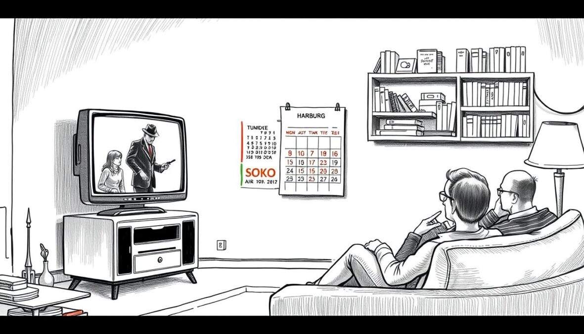 A detailed black and white illustration capturing the essence of a television broadcast schedule for "SOKO Hamburg." In the foreground, a classic TV set displays an iconic scene from the show, radiating a warm glow. The middle ground features a stylish living room scene, with people in modest casual clothing eagerly watching the program. A wall-mounted calendar next to the TV highlights specific air dates and times, subtly accentuated with colorful notations. The background includes shelves filled with detective-themed books and memorabilia, creating an atmosphere of intrigue. Soft lighting from a nearby lamp casts gentle shadows, adding depth and warmth to the scene. The overall mood is engaging and inviting, reflecting a cozy viewing experience for fans of the series.