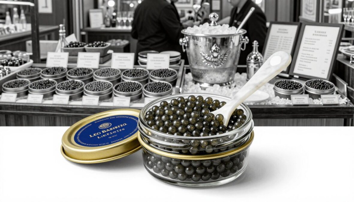 A detailed black and white illustration depicting the buying and storage of high-quality caviar, with selective color accents in gold and deep blue for visual interest. In the foreground, showcase an elegant glass jar filled with shimmering, glossy caviar pearls, with a sophisticated mother-of-pearl spoon resting beside it. In the middle ground, create a backdrop of an upscale market stall adorned with neatly arranged caviar containers, with labels indicating their premium origins. In the background, incorporate a softly lit setting reminiscent of a luxury boutique environment, featuring accessories like opulent ice buckets and tasting notes. Utilize soft, diffused lighting to enhance the richness of the scene, focusing on textures. The overall mood should convey exclusivity and refinement, appealing to the senses of taste and quality.